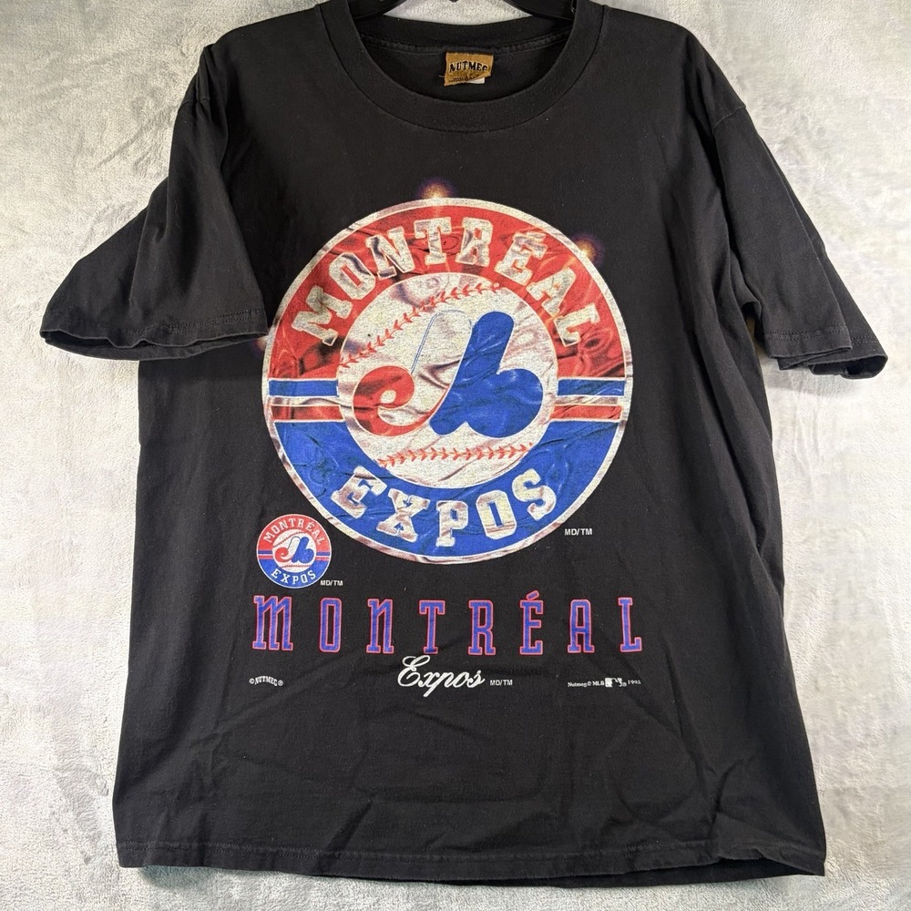 Vintage 1993 Montreal Expos Nutmeg MLB Graphic Tee‎ Mens L Black Defunct